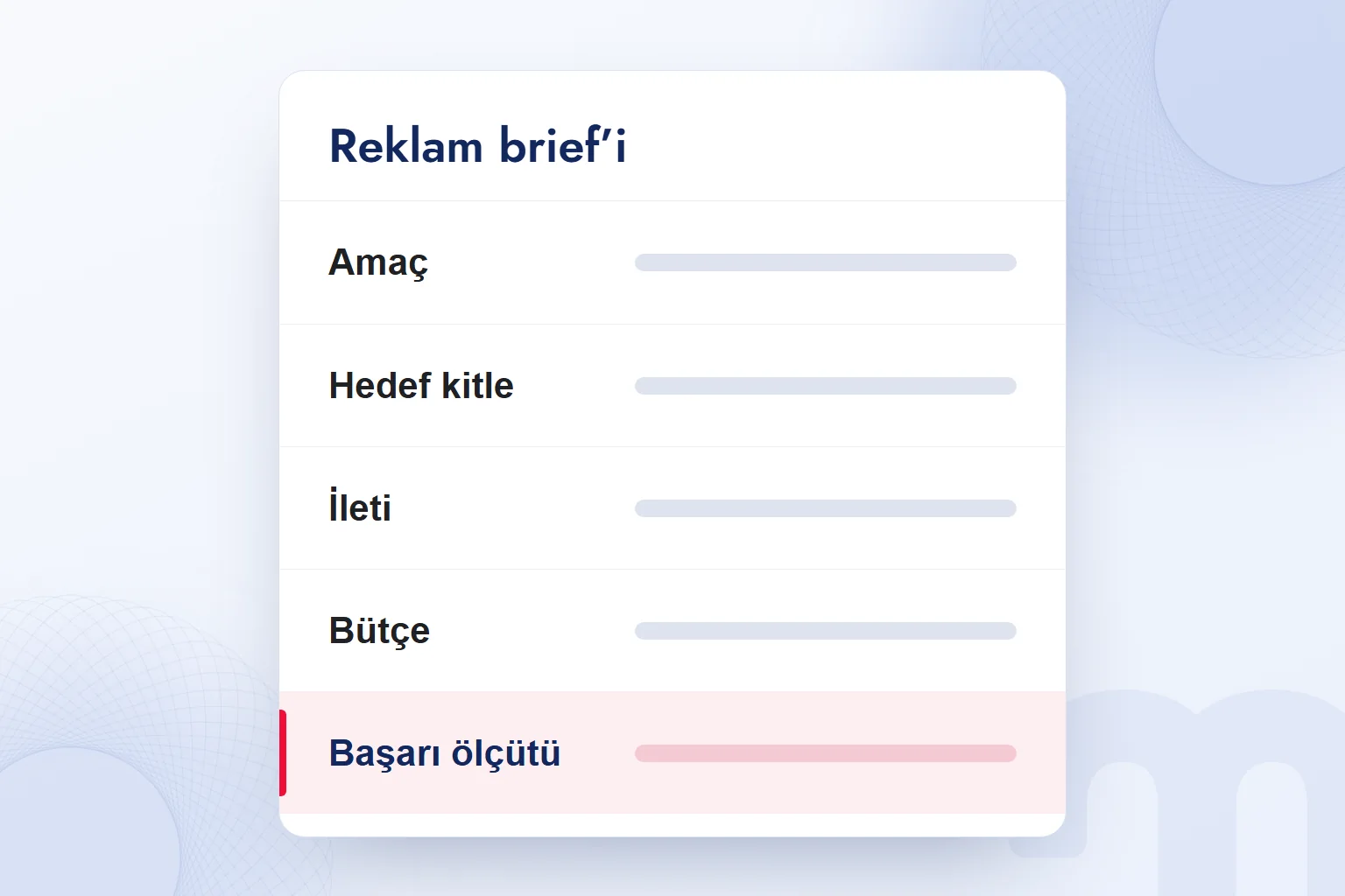 Reklam brief’i: amaç, hedef kitle, ileti, bütçe ve başarı ölçütü alanları; başarı ölçütü vurgulu.