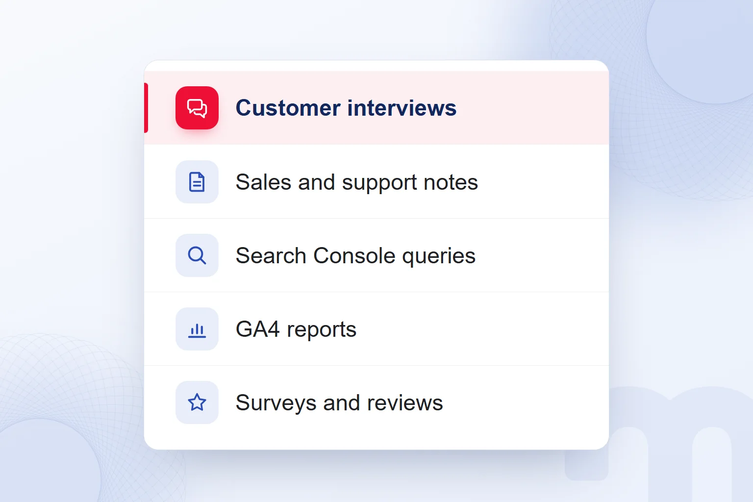 The data sources for a persona, with customer interviews highlighted.