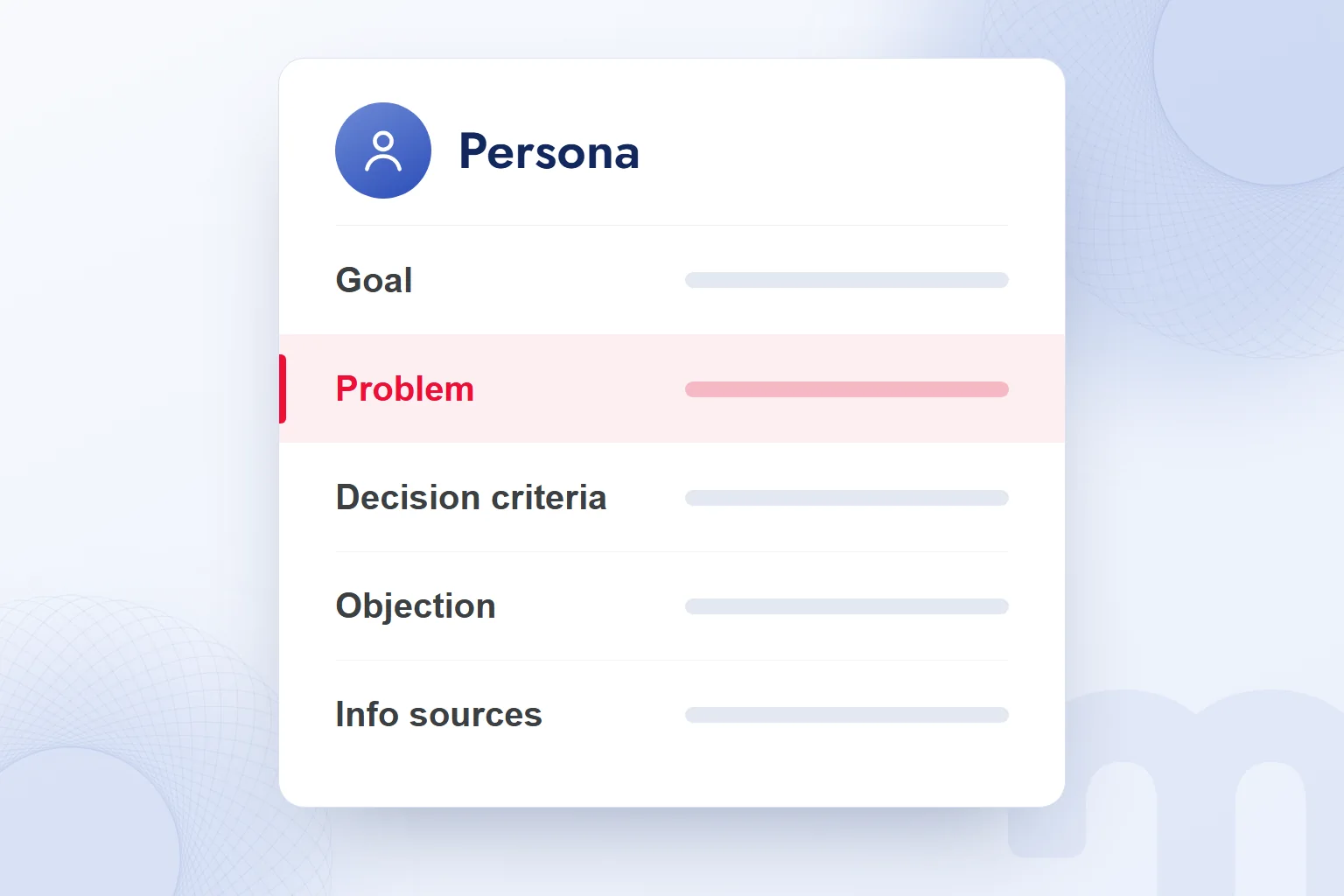 A one-page persona template: goal, problem, decision criteria, objection, information sources.