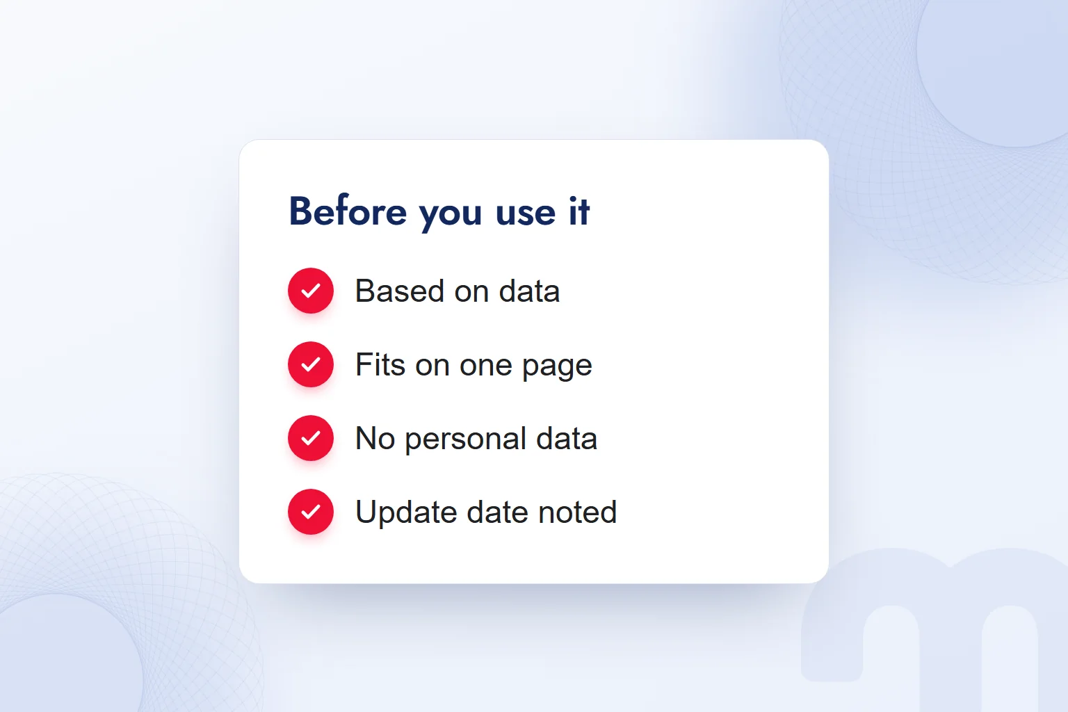 A check before using a persona: based on data, fits on one page, no personal data, update date noted.