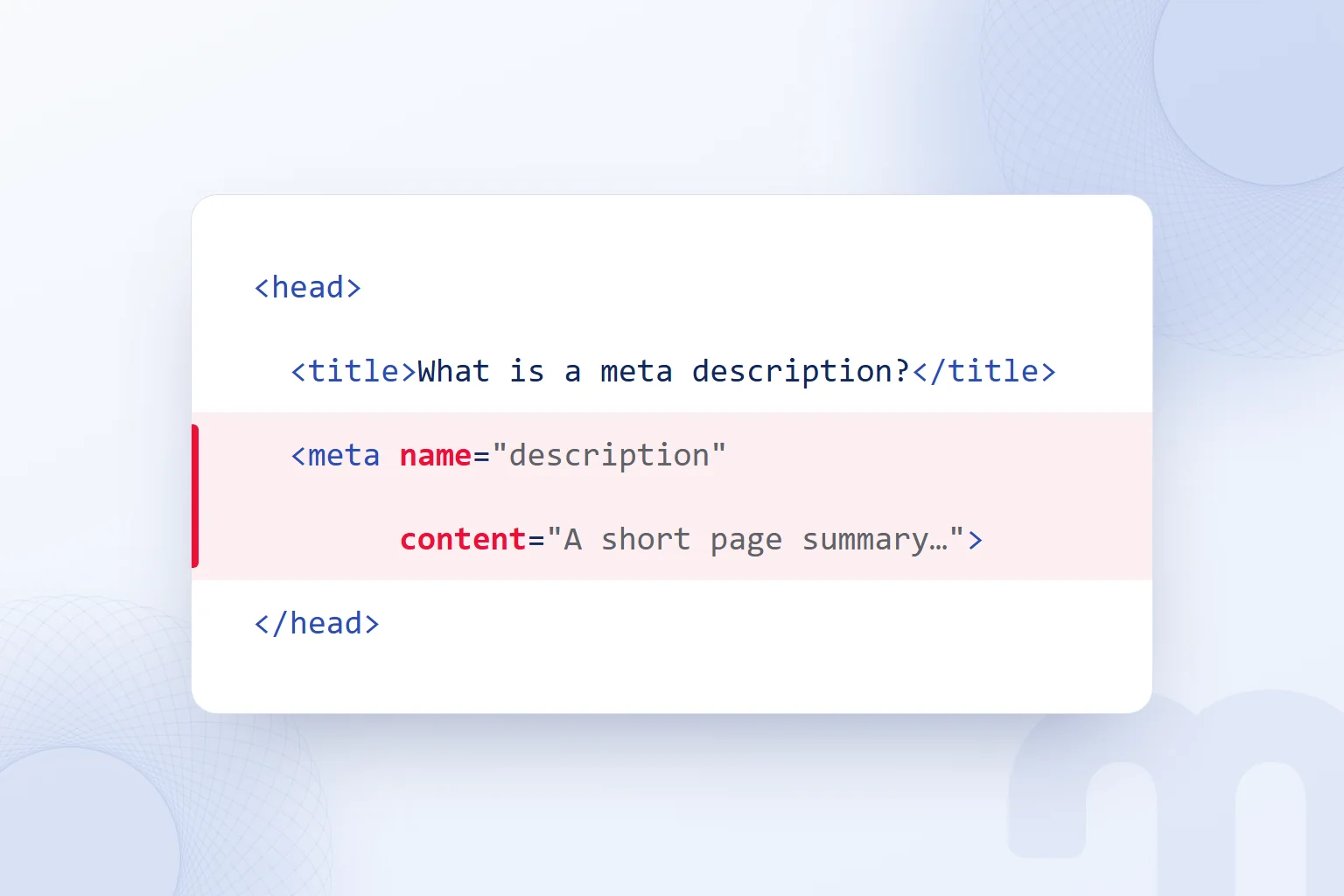 The meta description tag in the page’s head section; the description line is highlighted.