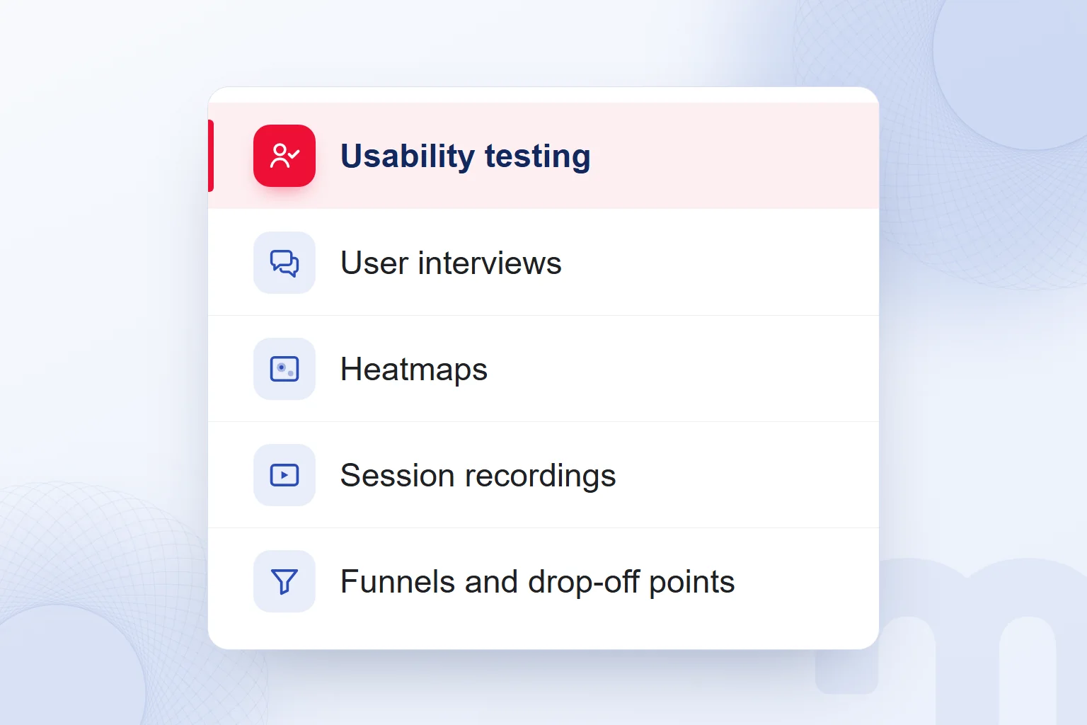 Tools for diagnosing an interface problem, with usability testing highlighted.