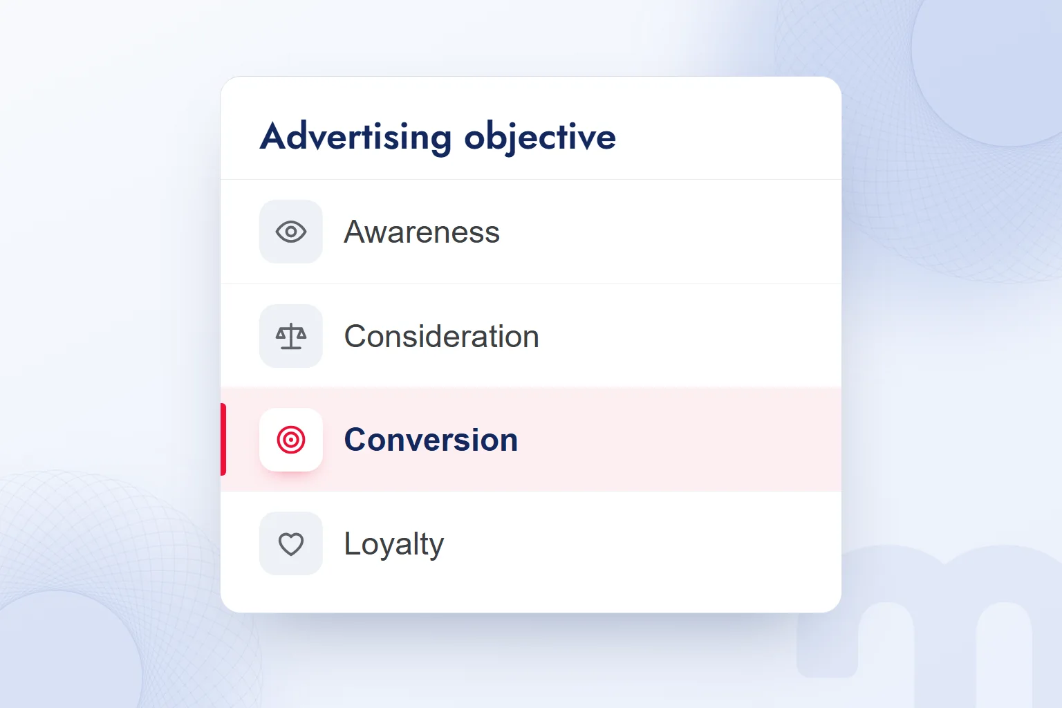 Advertising objectives listed as awareness, consideration, conversion and loyalty, with conversion highlighted.