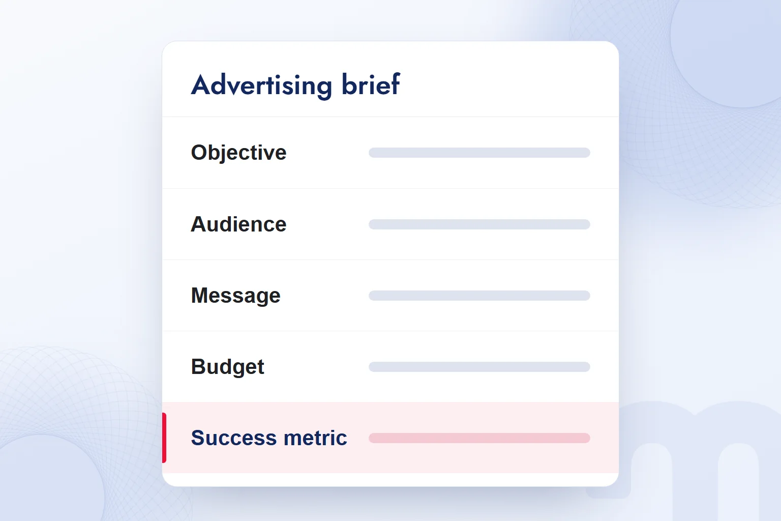 An advertising brief with objective, audience, message, budget and success metric fields, the success metric highlighted.