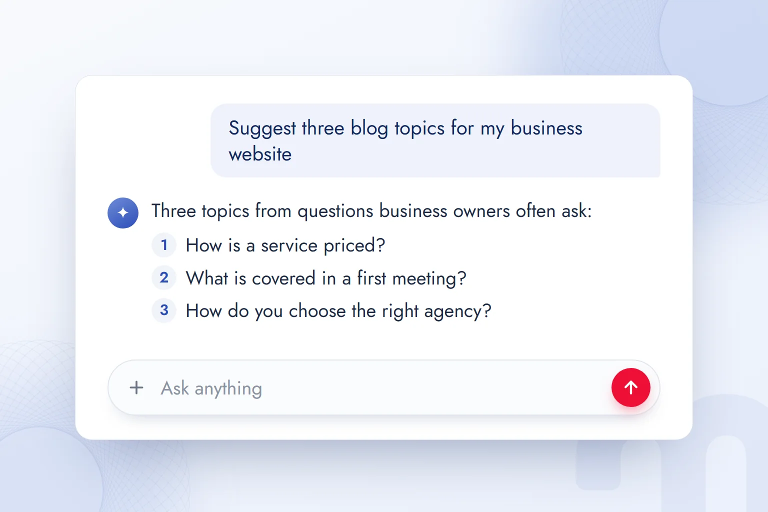 A ChatGPT chat window with a question about blog topics and the model’s numbered answer.