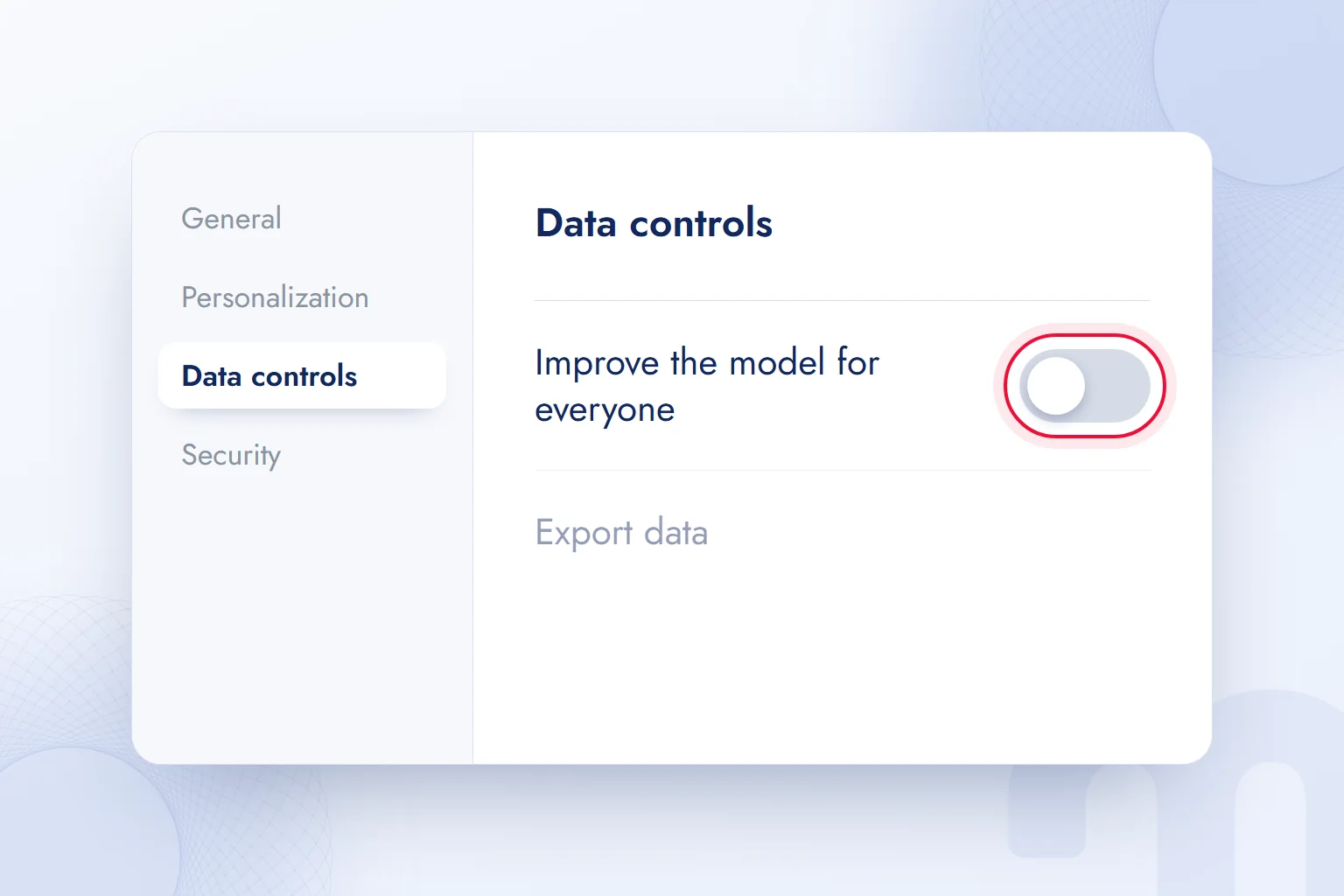 The Data controls section of ChatGPT settings, with “Improve the model for everyone” switched off.