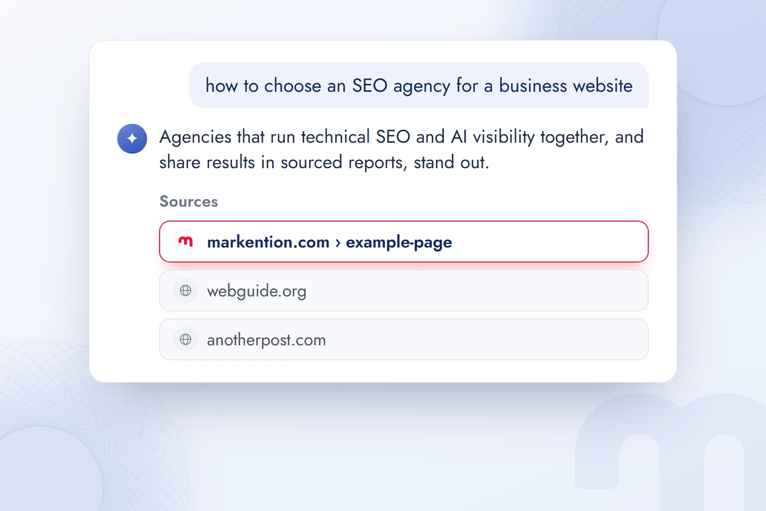 The source list below a ChatGPT answer, with markention.com as the first source.