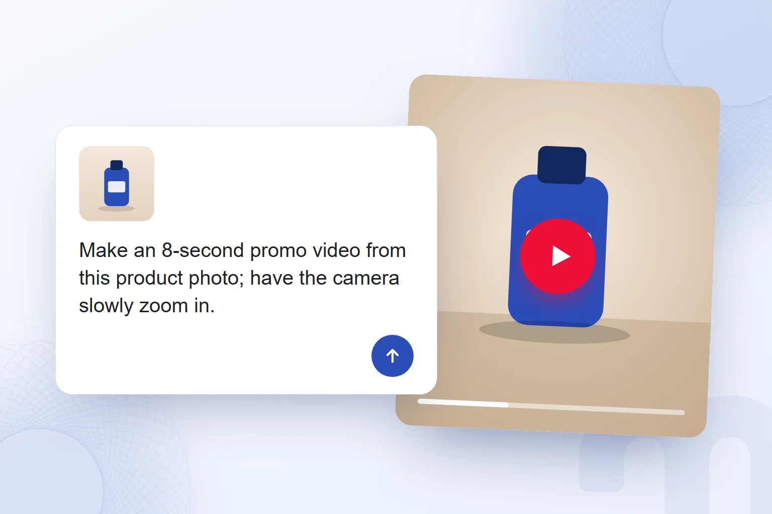 A prompt in Gemini asking for a promo video from a product photo, next to the video preview.
