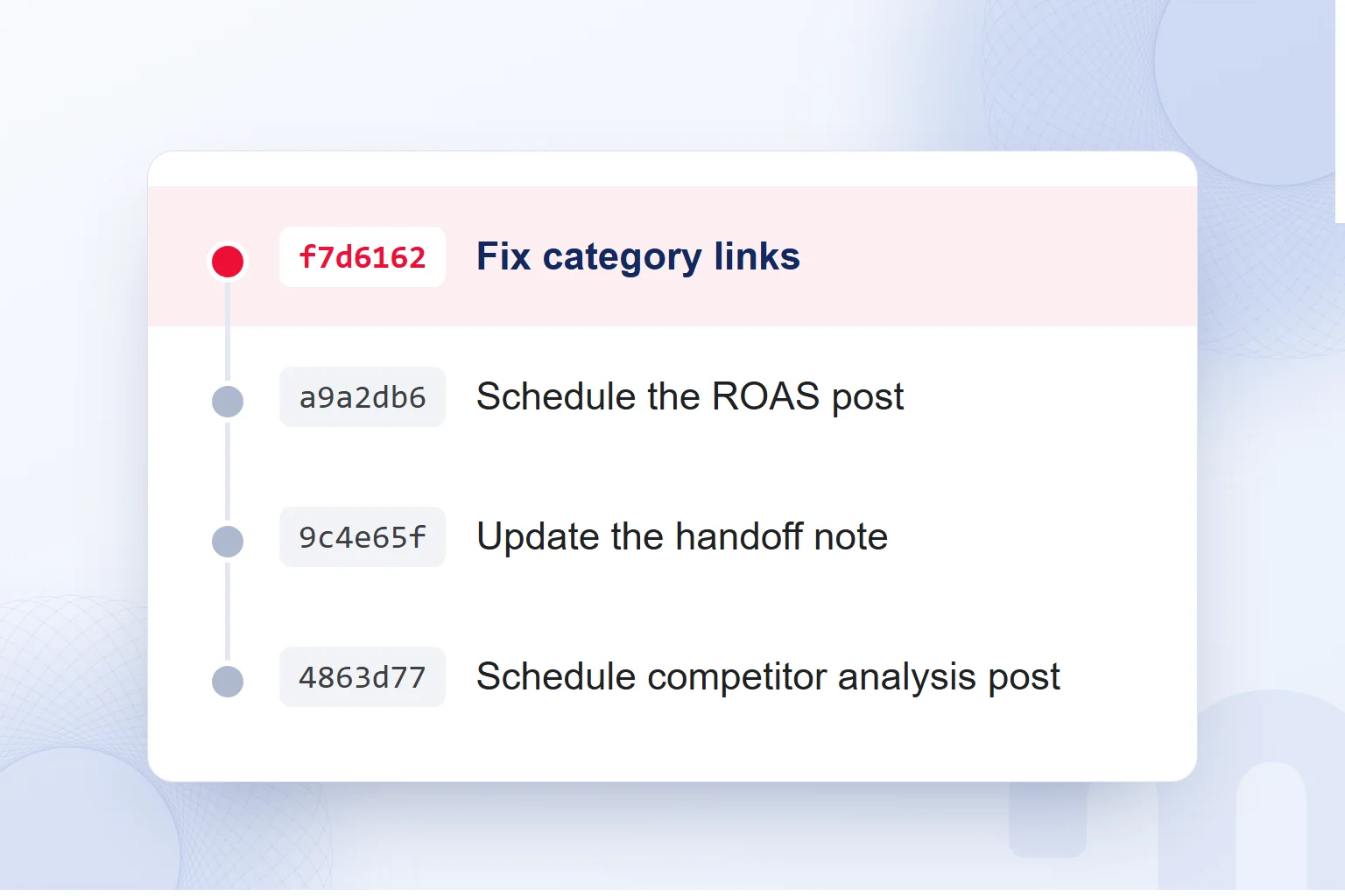 Commit history showing each change with its short ID and message, the latest commit highlighted.