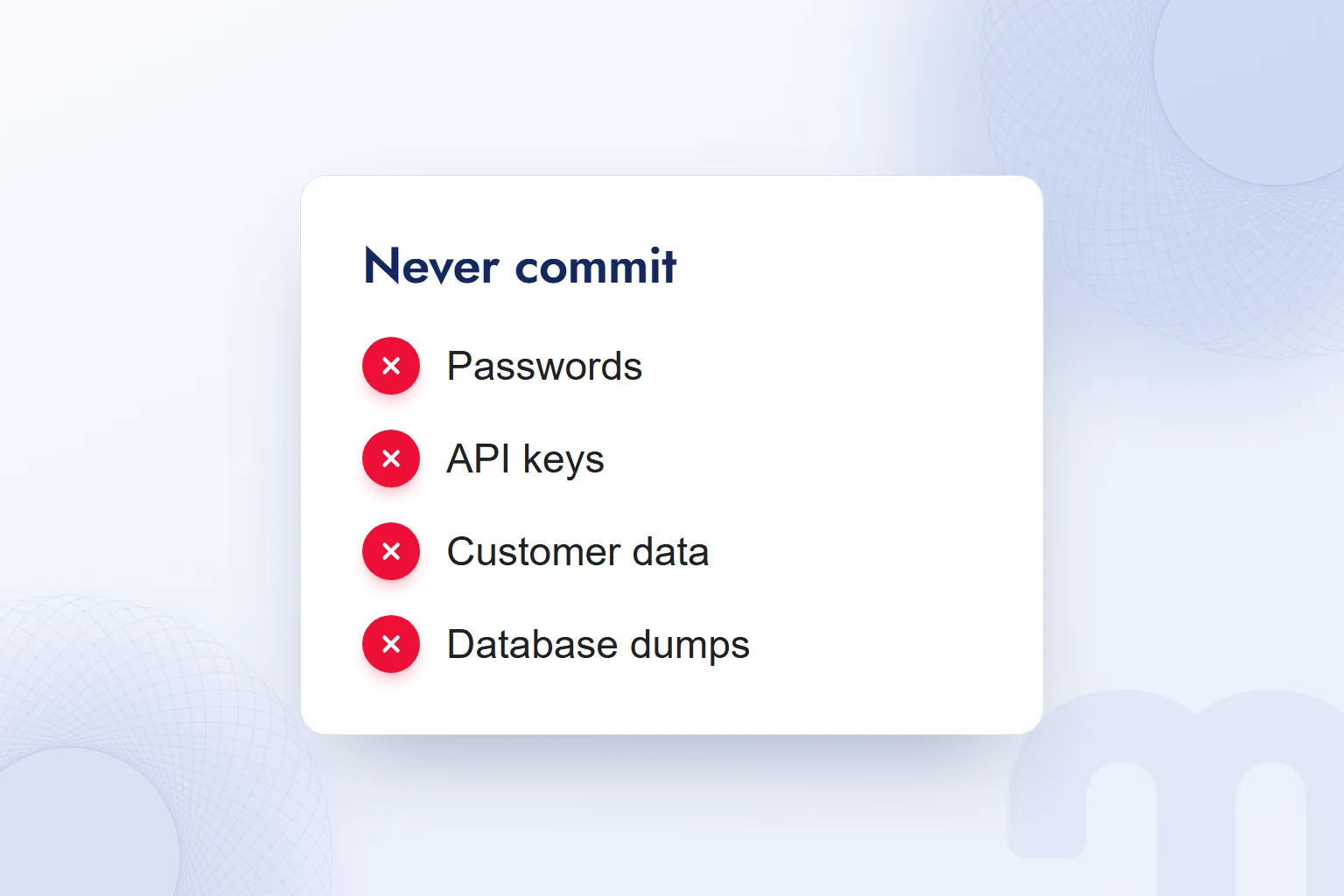 What never goes into a repository: passwords, API keys, customer data, database dumps.