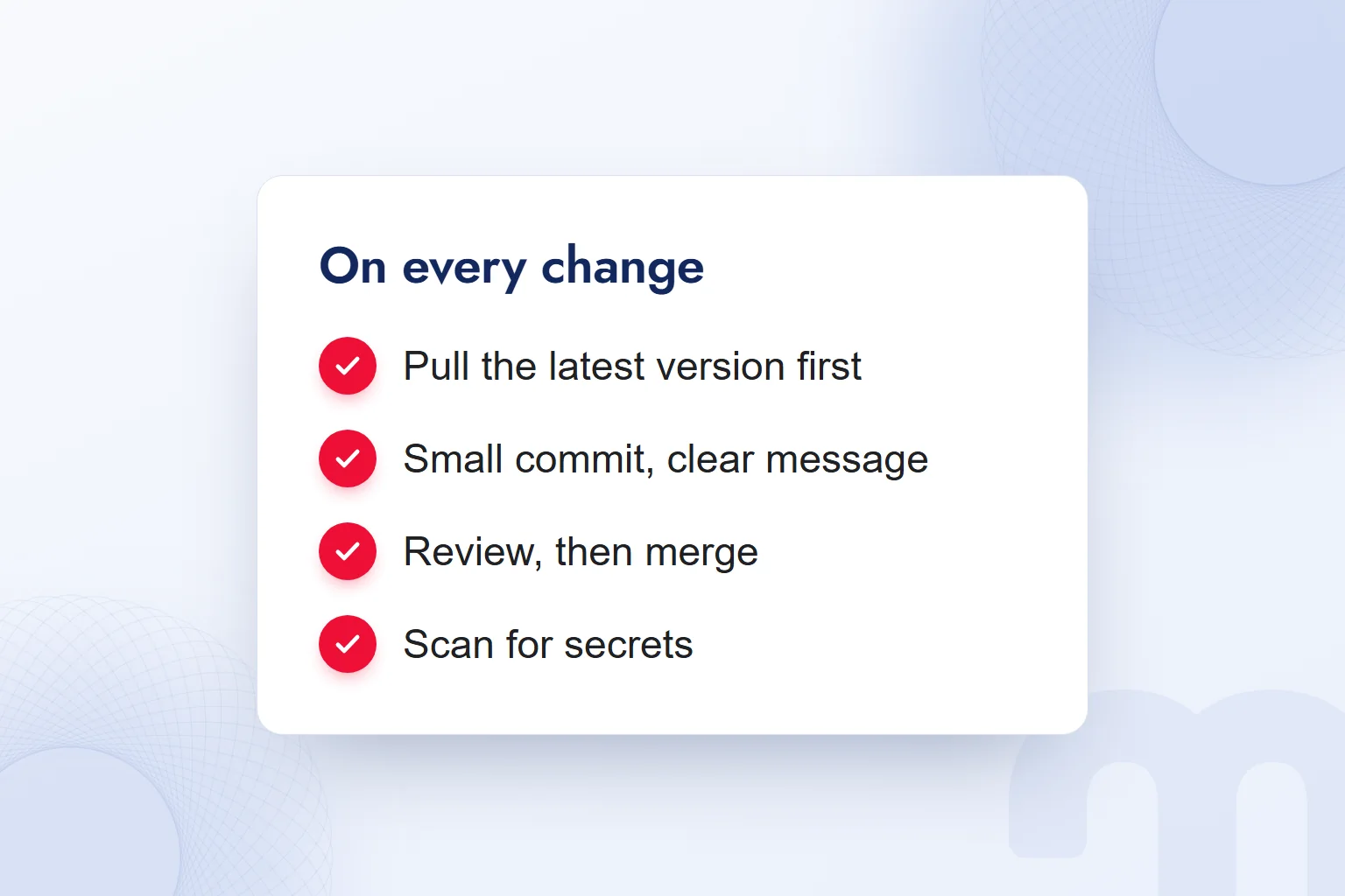 A check on every change: pull the latest version first, small described commit, review, secrets scan.