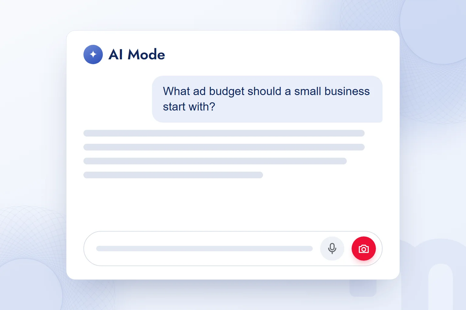 An AI Mode conversation: a question, an answer and an input field with microphone and camera icons.