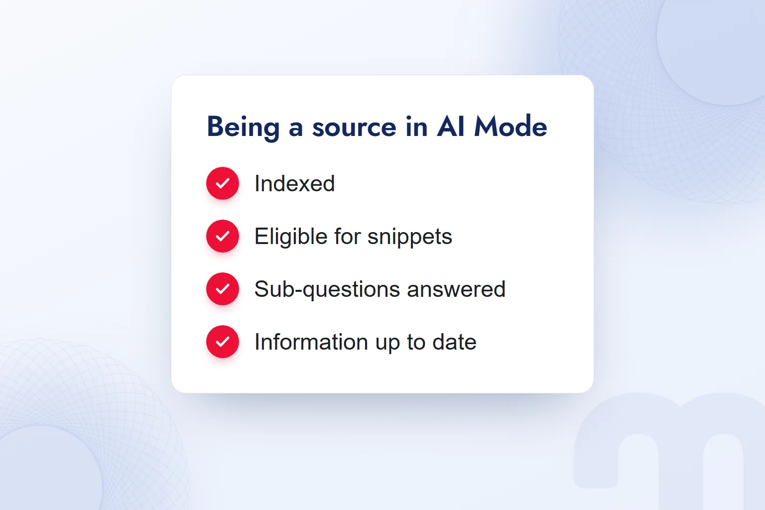 A checklist for being cited in AI Mode: indexed, eligible for snippets, sub-questions answered, up to date.