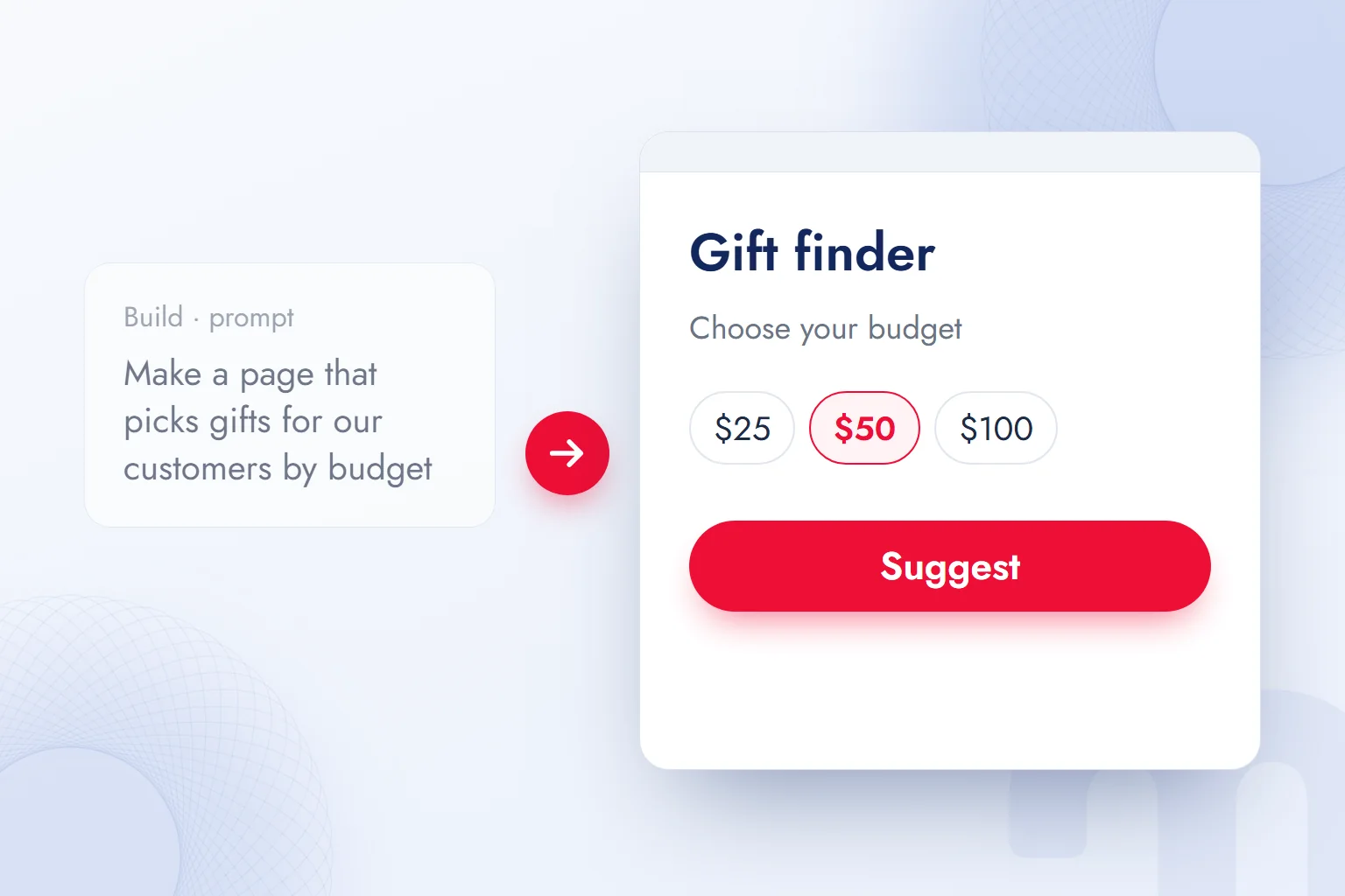 Before and after in Build mode: a one-sentence description and a working gift finder page.