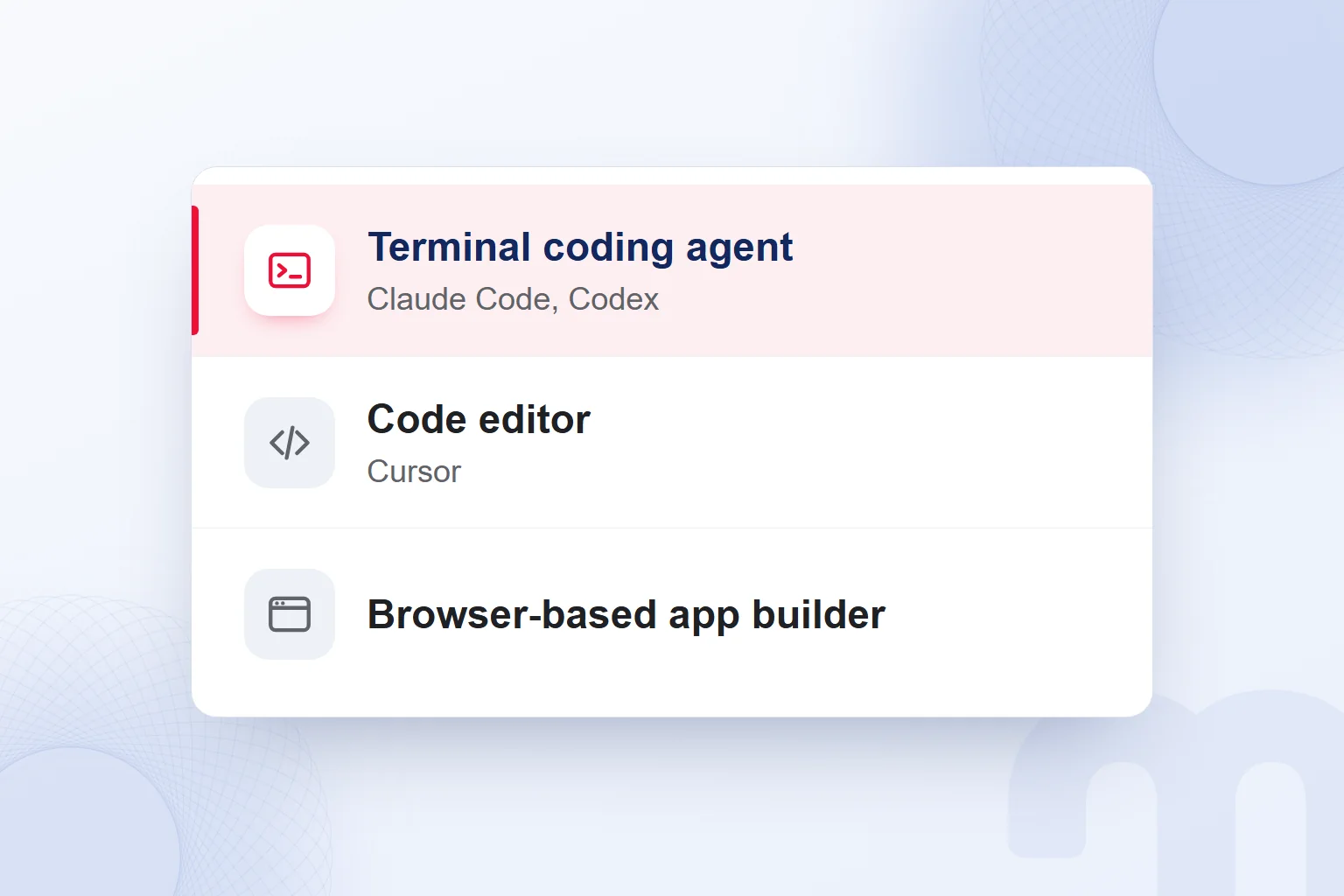 Tool types: terminal coding agent, AI-assisted code editor and browser-based app builder, with the terminal row highlighted.