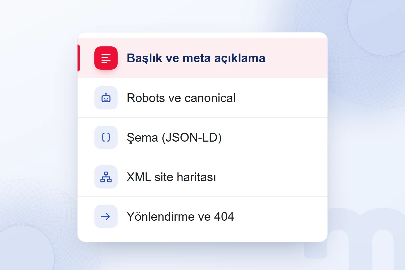 Bir SEO eklentisinin sitede ürettiği çıktılar: başlık ve açıklama, robots ve canonical, şema, site haritası, yönlendirmeler.